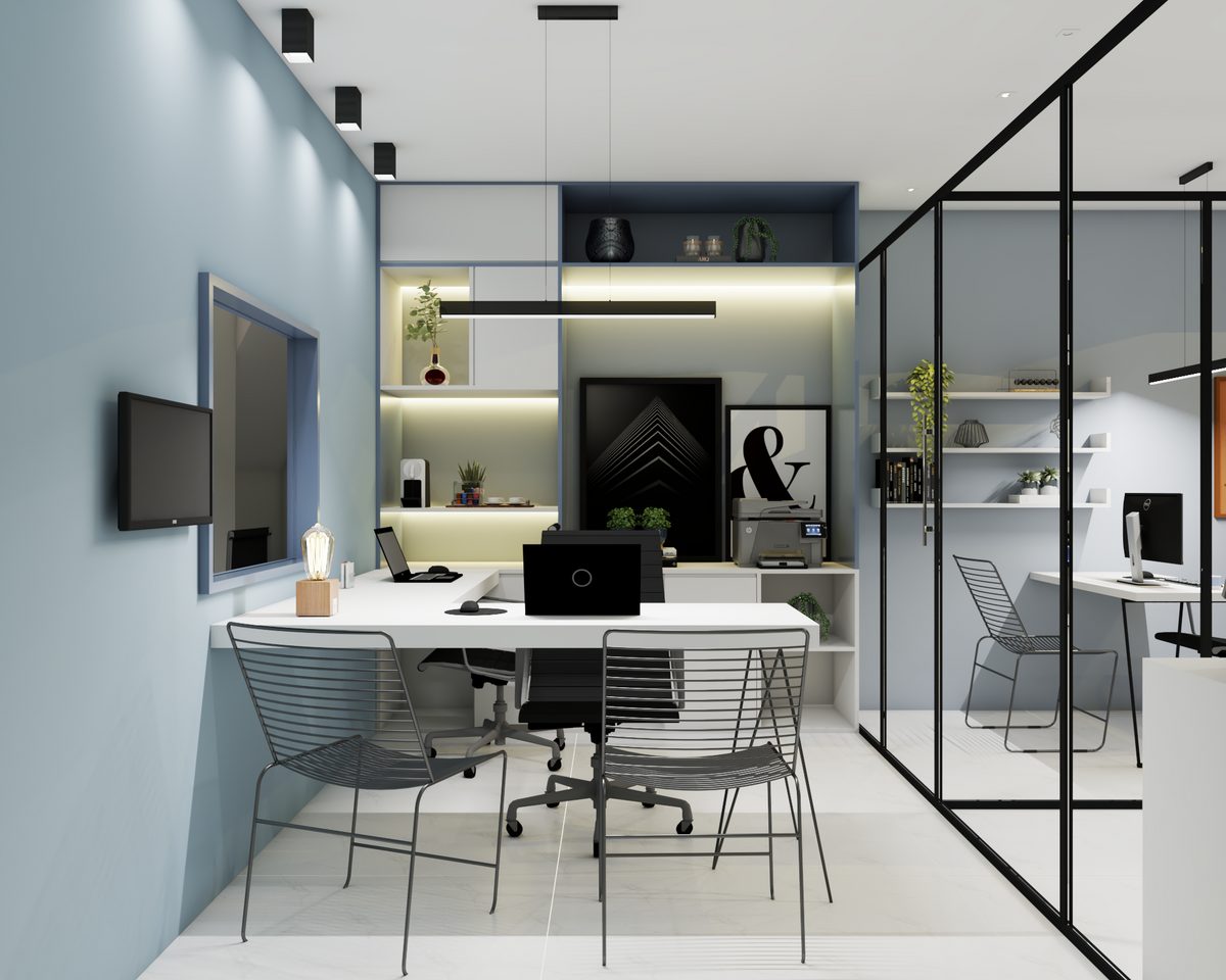 Sala de reunião com divisórias em vidro, projeto institucional assinado pela Passos Arquitetura