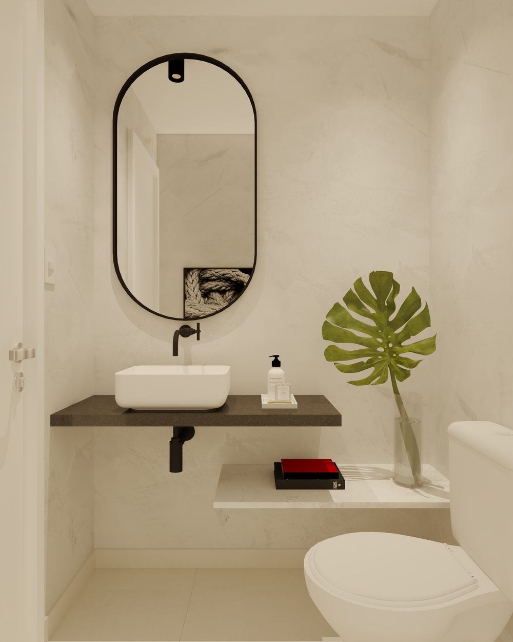 Lavabo em tons neutros, projeto comercial Ferreira Advocacia em Aracaju